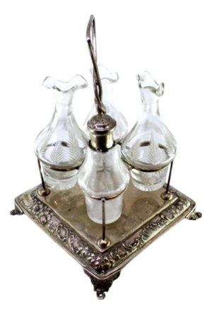 Cruet Set with Silver Structure and Acid-Etched Glass Cruets and Salt Shaker, Set of 5