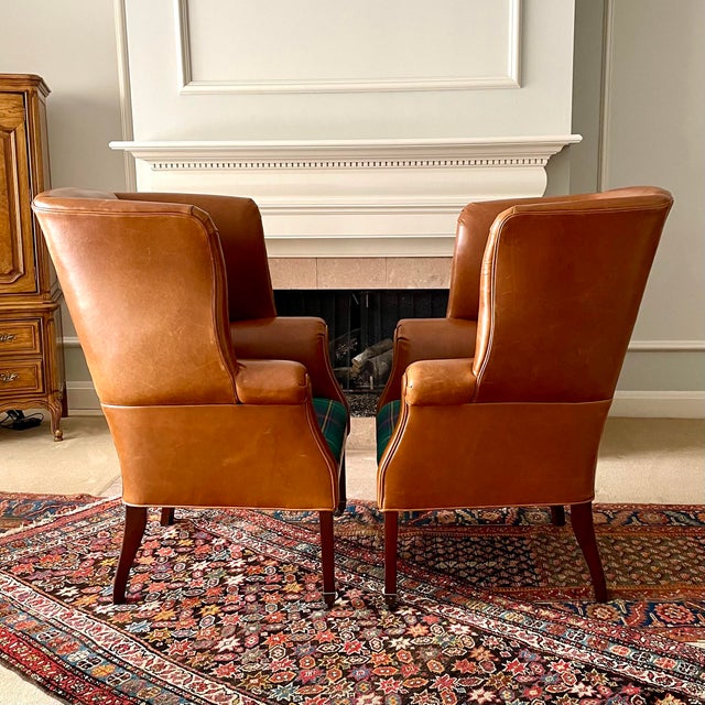 Ralph Lauren Custom Leather & Wexford Plaid Hepplewhite Wing Chairs a Pair Chairish
