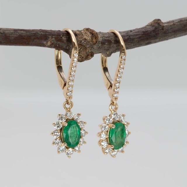 Zambian Emerald Earrings With Natural Diamonds Accents: Solid 14k Gold, 6x4mm, A Pair For Sale - Image 4 of 7