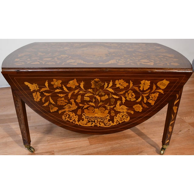 Wood 1900s Antique Dutch Marquetry Mahogany Pembroke Drop-Leaf Coffee Table For Sale - Image 7 of 16