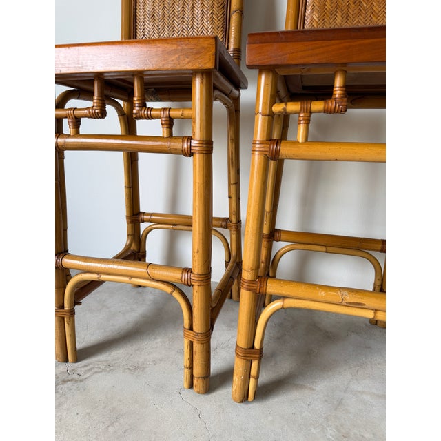 Vintage Coastal Organic Bamboo & Rattan With Leather Wrapped Bar Stools - A Pair For Sale - Image 10 of 13