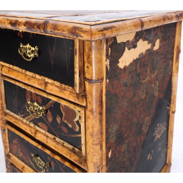 Antique Asian Oriental japaneese Burned Bamboo Hand Painted Decorated Desk Table For Sale - Image 14 of 18