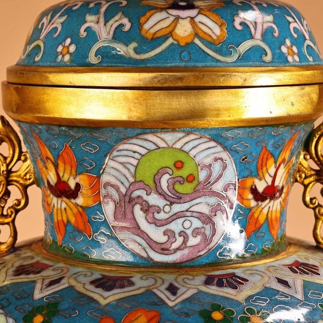 Monumental Chinese Cloisonné Vase | Gilt Bronze Dragon Handles & Dove Motif For Sale - Image 4 of 9