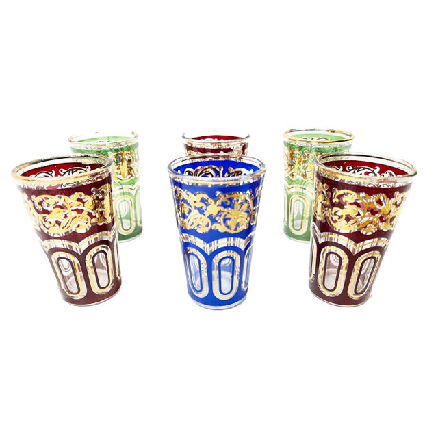 Moroccan Vintage Fath Colorful & Gold Gilt Moroccan Glassware Set - 6 Pieces For Sale - Image 3 of 3