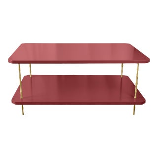 Handcrafted Satin Raspberry Truffle Painted Two-Layer Coffee Table With Brass Bamboo Legs For Sale