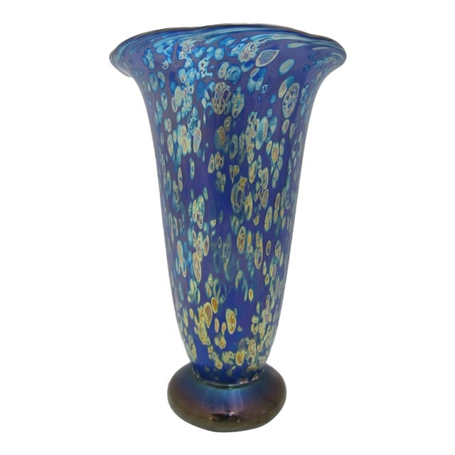 Donald Carlson Iridescent Blue Splatter Studio Art Glass Trumpet Vase For Sale