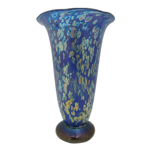 Donald Carlson Iridescent Blue Splatter Studio Art Glass Trumpet Vase