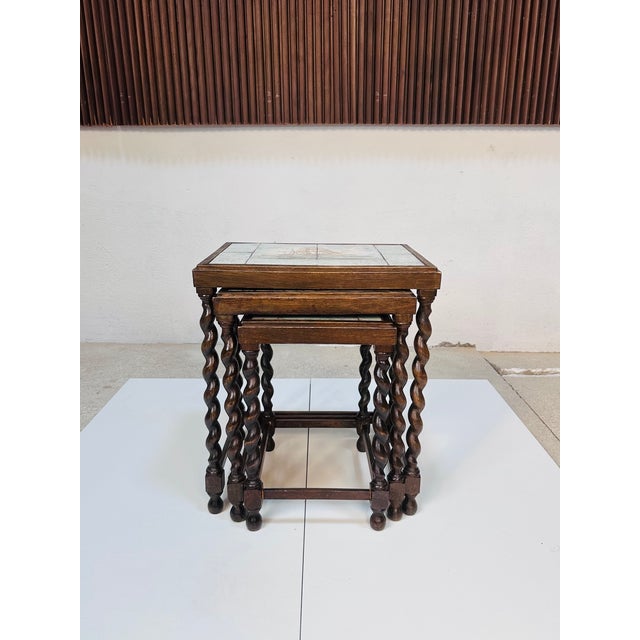 Nesting Tables with Hand-Painted Ceramic Tiles and Barley Twist Legs, Sweden, 1930s, Set of 3 For Sale - Image 12 of 18