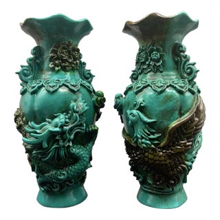 Mid 20th Century Pair of Turquoise Glazed Dragon and Phoenix Vases, 8.7" H For Sale