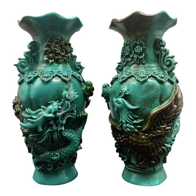 Mid 20th Century Pair of Turquoise Glazed Dragon and Phoenix Vases, 8.7" H For Sale