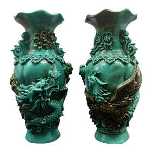 Mid 20th Century Pair of Turquoise Glazed Dragon and Phoenix Vases, 8.7" H