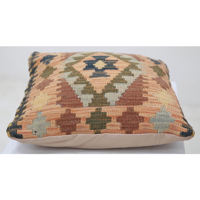 Tribal Arteverk Handwoven Afghan Kilim Pillow — Orange & Olive Diamond Medallion For Sale - Image 3 of 3