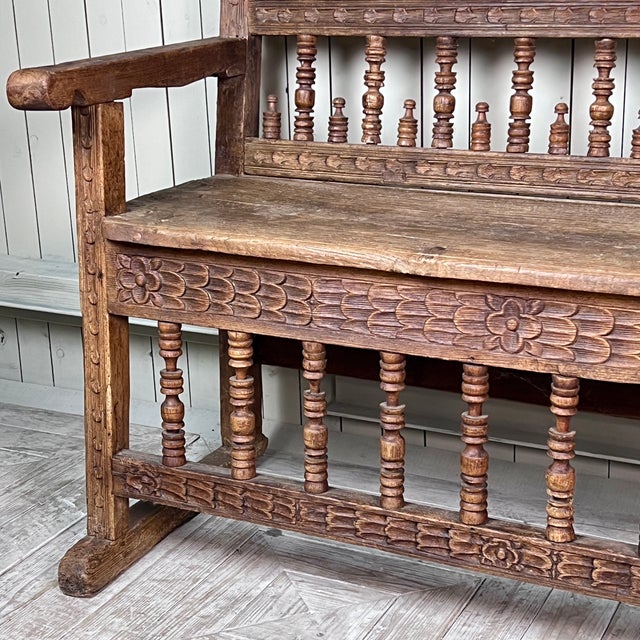 Wood Large Antique Spanish Colonial Carved Hardwood Bench Late 18th / Early 19th Century For Sale - Image 7 of 11