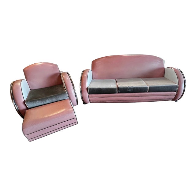 1980s Deco Streamline Moderne, Tubular Chrome, Sofa, Chair and Ottoman Custom Made by Jazz- Art Deco Revival Interiors California / New York For Sale