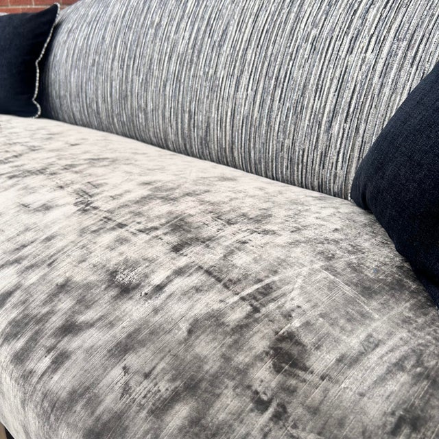 Mid 20th Century Vintage Velvet and Chenille Camelback Sofa in Black and Clay For Sale - Image 4 of 11