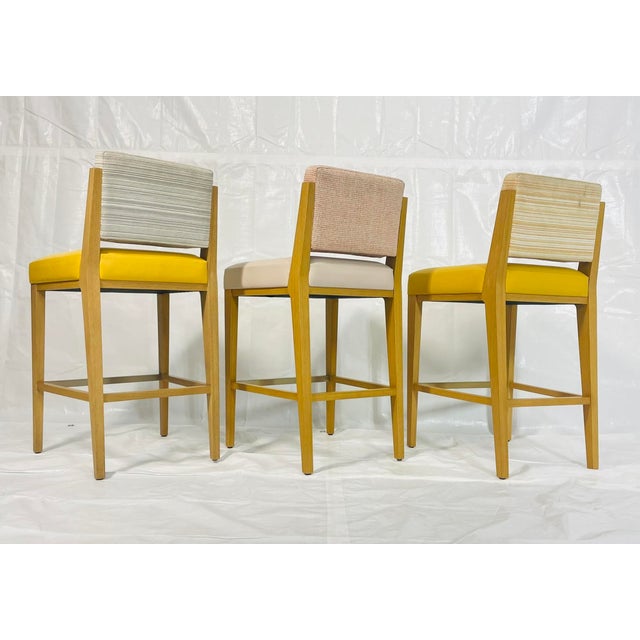 Set of 3 1980s Modern Oak Counter Stools With Leather Seats and Upholstered Backs For Sale - Image 10 of 17