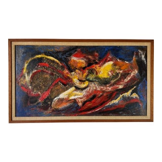 1970s Mid-Century Abstract Expressionist Mixed Media Oil on Masonite Painting, Signed For Sale
