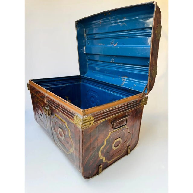 Antique Faux Bois Steel Steamer Trunk Chest Painted Wood Grain Blue Interior 23” For Sale - Image 13 of 16