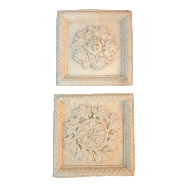 Vintage Floral Concrete Wall Plaques - A Pair For Sale
