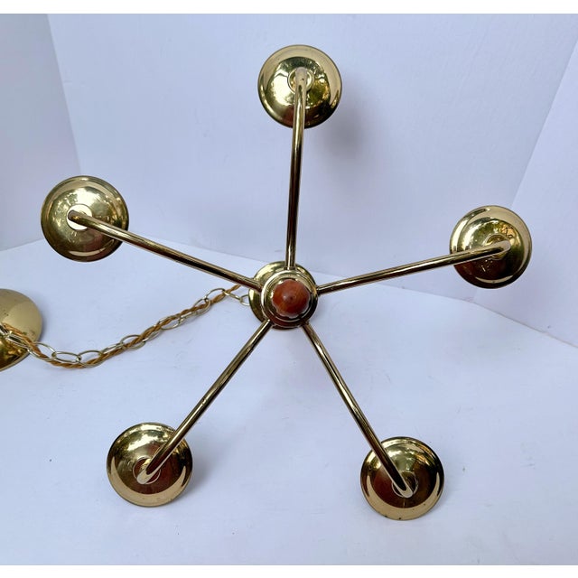 Brass 1960s Brass and Wood Midcentury Modern 5-Light Chandelier With Fluted Frosted-Glass Shades For Sale - Image 8 of 12
