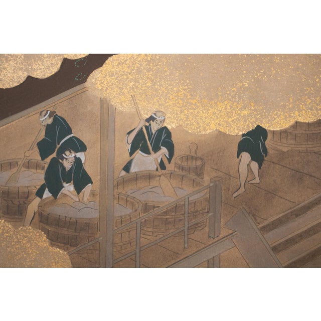 "Sake Brewery", Late Showa Era 1970-1980s Japanese Yamato-E Byobu Screen For Sale - Image 11 of 18