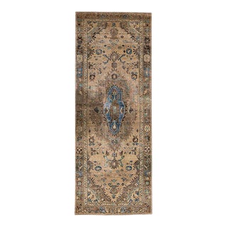 1960s Vintage Persian Distressed Handmade Medallion Tan Wool Runner For Sale