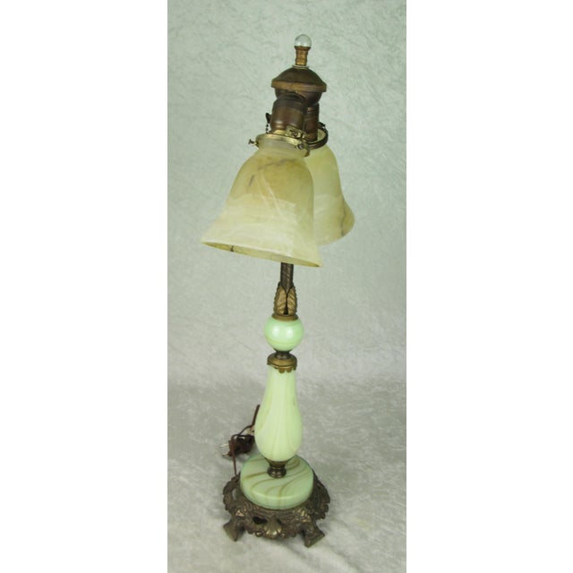 Early 20th Century Uranium Jadeite Table Lamp Alabaster Shades For Sale - Image 9 of 18