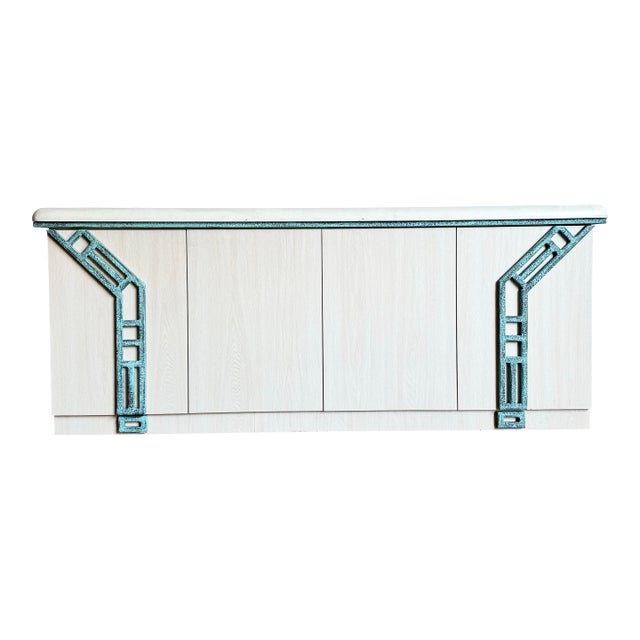 Postmodern Beige Wood Grain Laminate Credenza With Tribal Turquoise Metal Accents For Sale