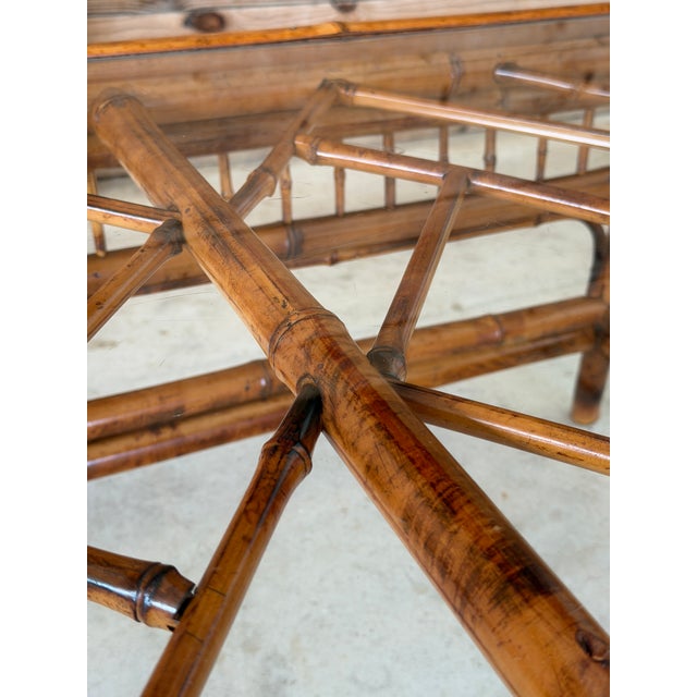 Vintage Brighton Pavilion Scorched Bamboo Coffee Table With Glass Top For Sale - Image 9 of 12