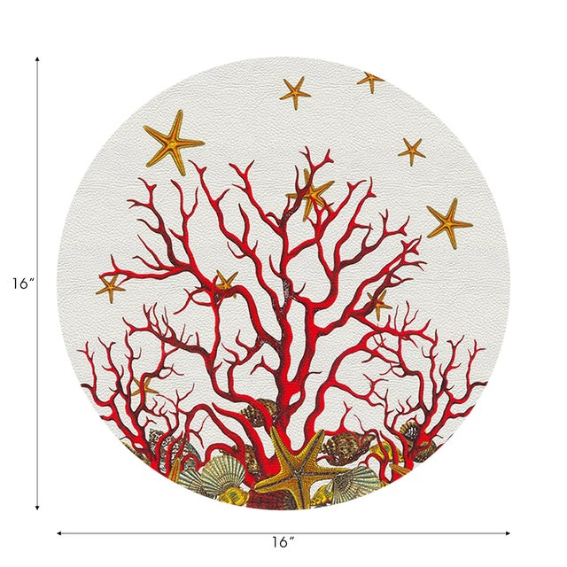 Coastal Coral Reef Vegan Leather Round Pebble Placemat, White Red, Set of 4 For Sale - Image 3 of 5