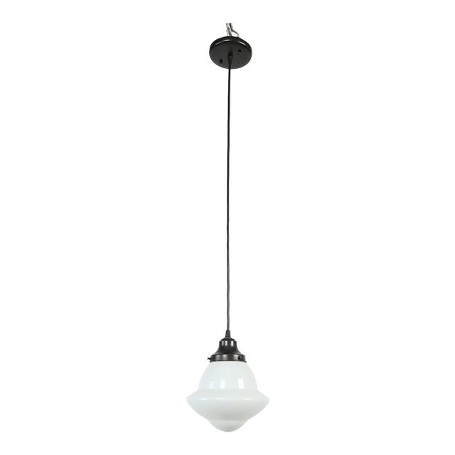 1920s Schoolhouse White Milk Glass Black Wire Pendant Light For Sale