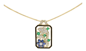 18K Yellow Gold 2 1/3 Cttw Diamond, Sapphire, and Emerald Dog Tag with Dolphin Silhouette Convertible 18" Pendant Necklace and Brooch