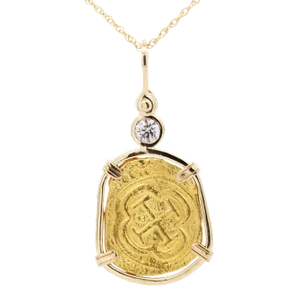 Vintage Escudo "Doubloon" 22k Replica Coin & Lab Grown Diamond 14k Gold Pendant