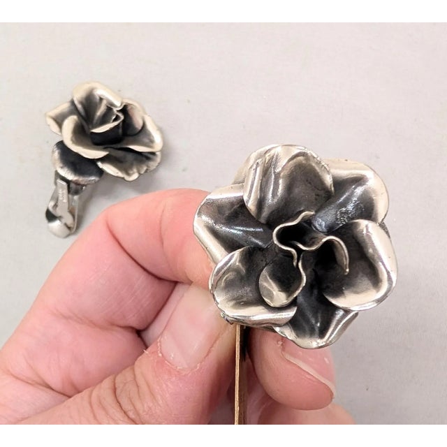 Silver Vintage 1960s Signed Napier Silvertone 3d Rose Clip Earrings-2 Pieces For Sale - Image 8 of 10