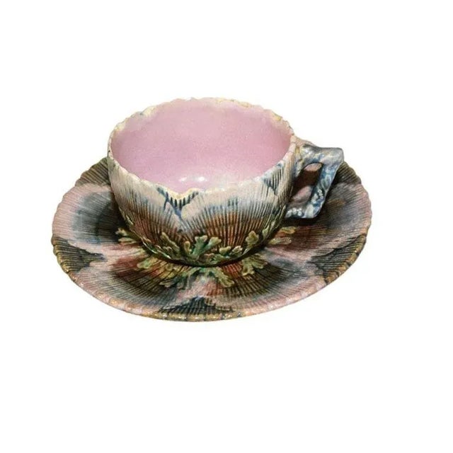 Ceramic Antique Etruscan Seaweed Griffin Smith Hill Majolica Tea Cup and Saucer 19th Century For Sale - Image 7 of 7