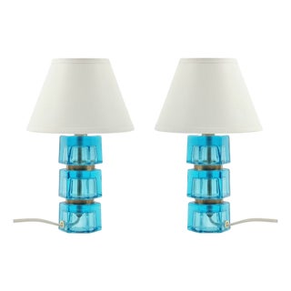 Mid-Century Glass and Brass Bedside Table Lamps attributed to Carl Fagerlund for Orrefors, Sweden, 1960s, Set of 2 For Sale