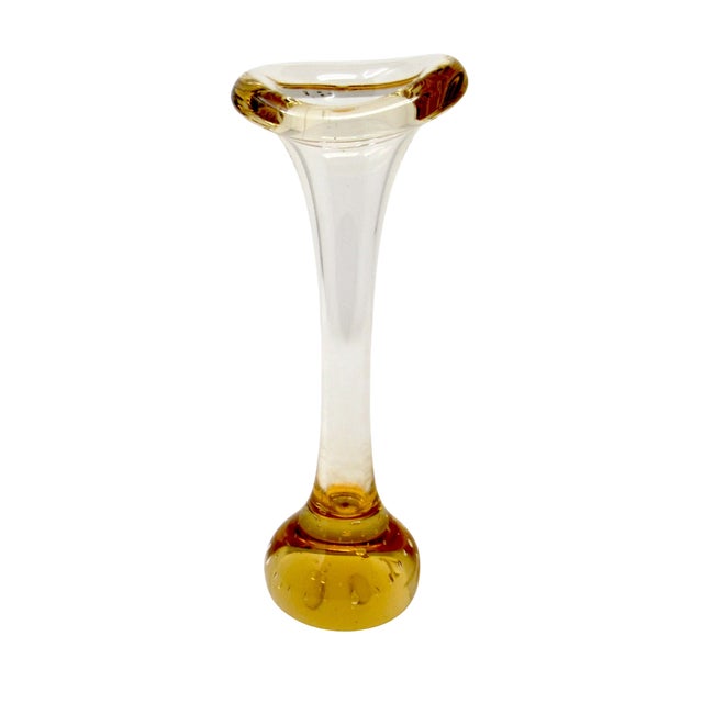 A vintage 1960s hand-blown light amber glass "bone" single flower vase with controlled bubbles in the base. Paul Kedelv...