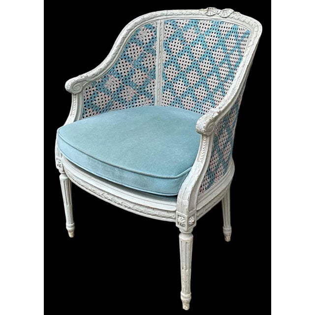 Mid-Century French Provincial Style Hand Painted Blue / White / Pink Caned Chair For Sale - Image 9 of 9