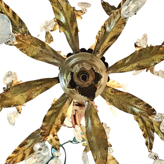 Petite Italian Gilt Tole Chandelier With Crystal Drops, 1950s For Sale - Image 18 of 18