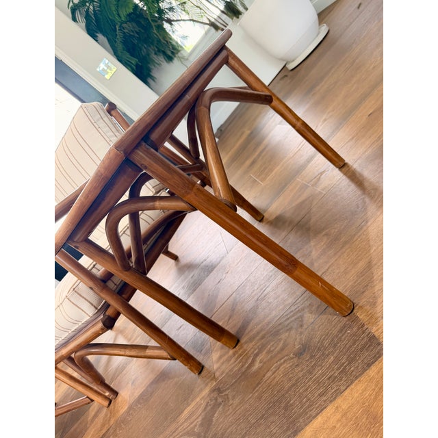 A beautiful vintage Vogue Rattan living room set in exceptional condition, featuring a warm honey-toned bamboo/rattan...