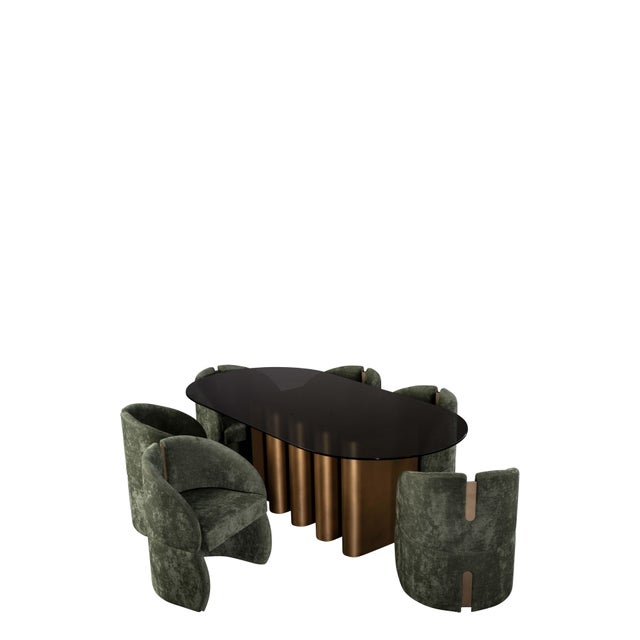 Contemporary Romeo Glass Top Sculptural Oval Dining Table Set with 6 Green Velvet Chairs For Sale - Image 3 of 5