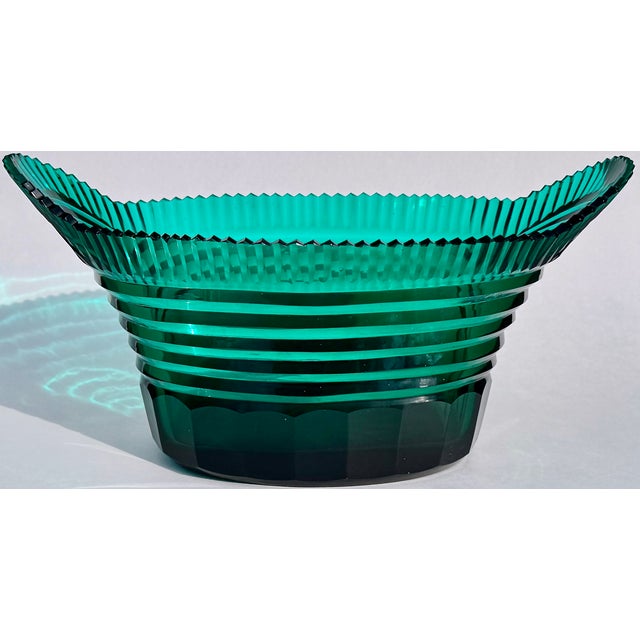 French Art Deco Teal Cut Glass Centerpiece Bowl, Circa 1920's For Sale - Image 11 of 16