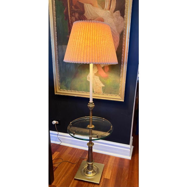 Vintage Ralph Lauren Style Three Way Switch Light Stiffel Brass Floor Lamp with Integrated Glass Drink Table A well-made...