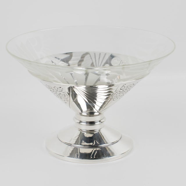 Art Deco Silver Plate and Etched Glass Centerpiece Bowl, 1930s For Sale - Image 4 of 13
