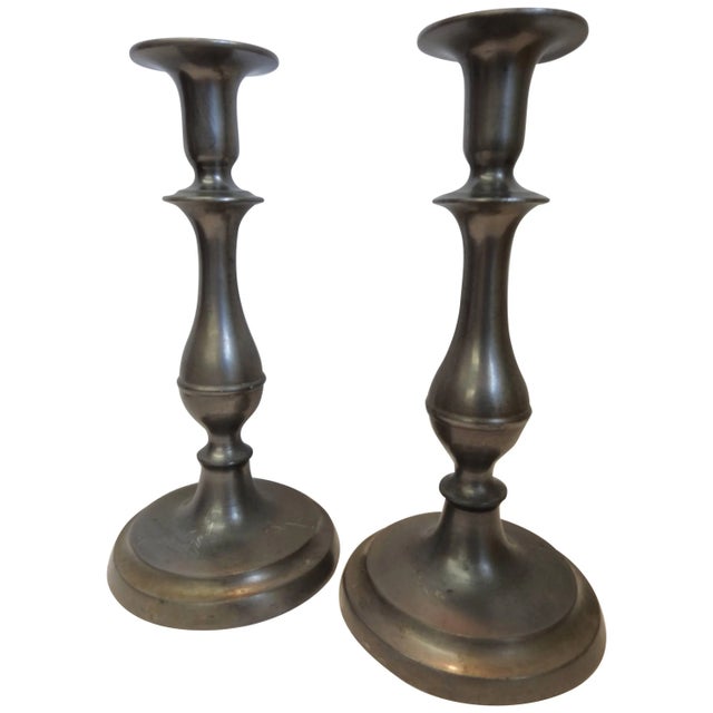 Pair of Tall Pewter Candlesticks in the Colonial Style For Sale - Image 9 of 9