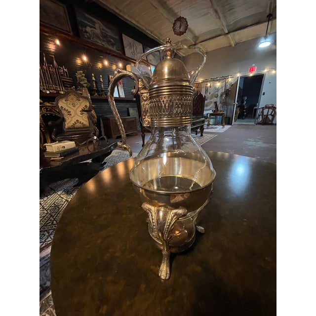 Victorian Vintage Ornate Silverplate & Glass Coffee Carafe With Warming Stand – 13.5” For Sale - Image 3 of 6