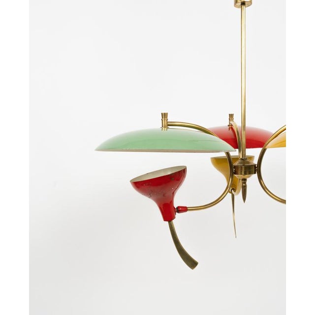 Mid-Century Chandelier in Enamel Metal and Brass in the style of Stilnovo, Italy, 1950s For Sale - Image 10 of 17
