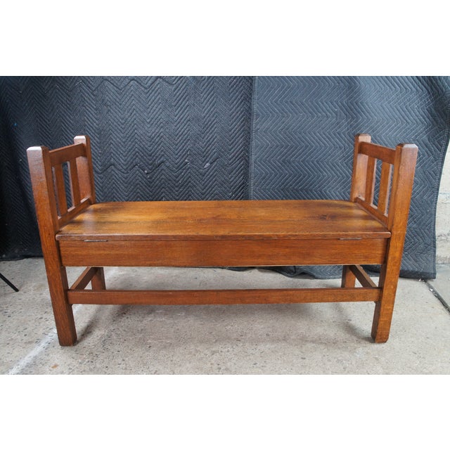 Antique Mission Arts & Crafts Quartersawn Oak Hall Storage Bench Seat Settee 50" For Sale - Image 10 of 13