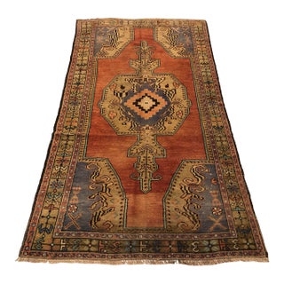 Orange and Blue Bohemian Vintage Turkish Rug For Sale