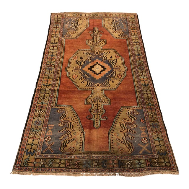 Orange and Blue Bohemian Vintage Turkish Rug For Sale